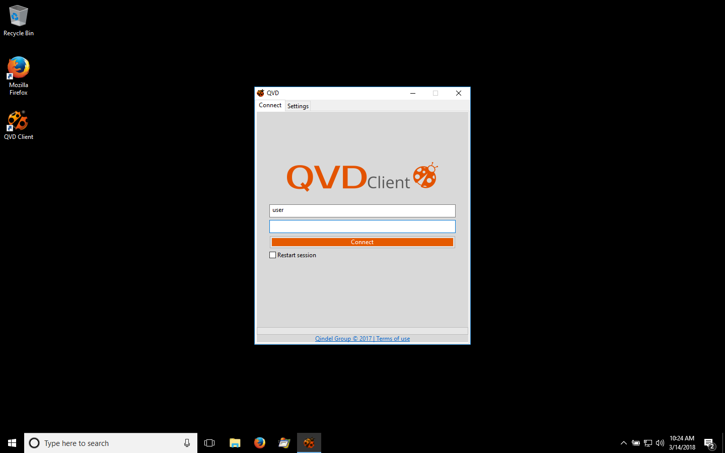 Connect tab in the QVD Client for Windows