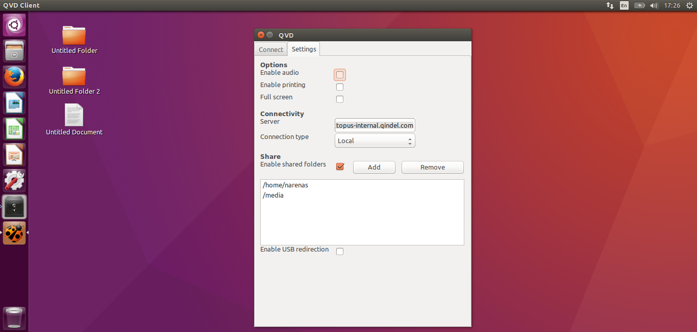 Settings tab in the QVD Client for Linux