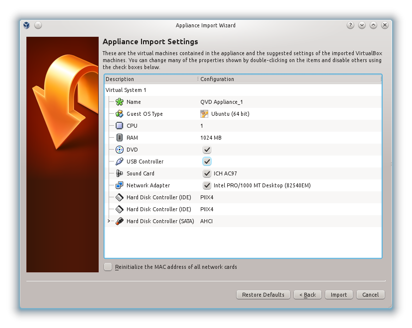 VirtualBox Configuration of Devices Importation