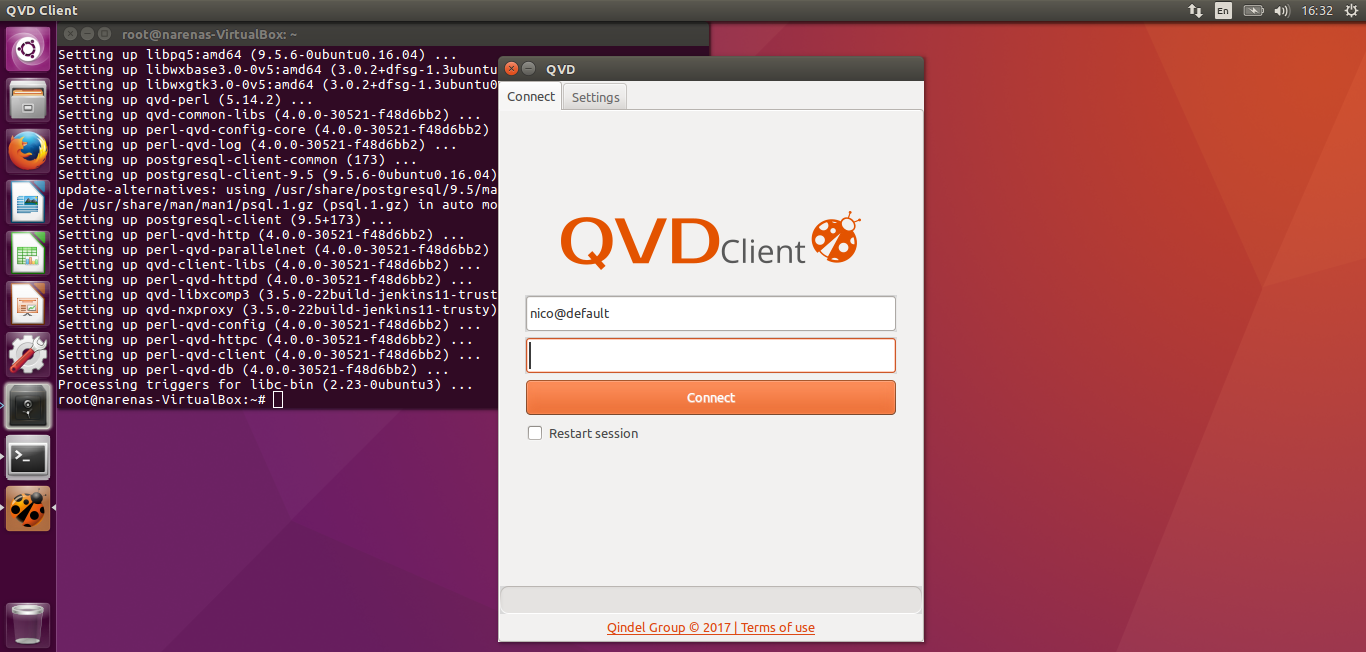 Pestaña Connect en el cliente de QVD para Linux