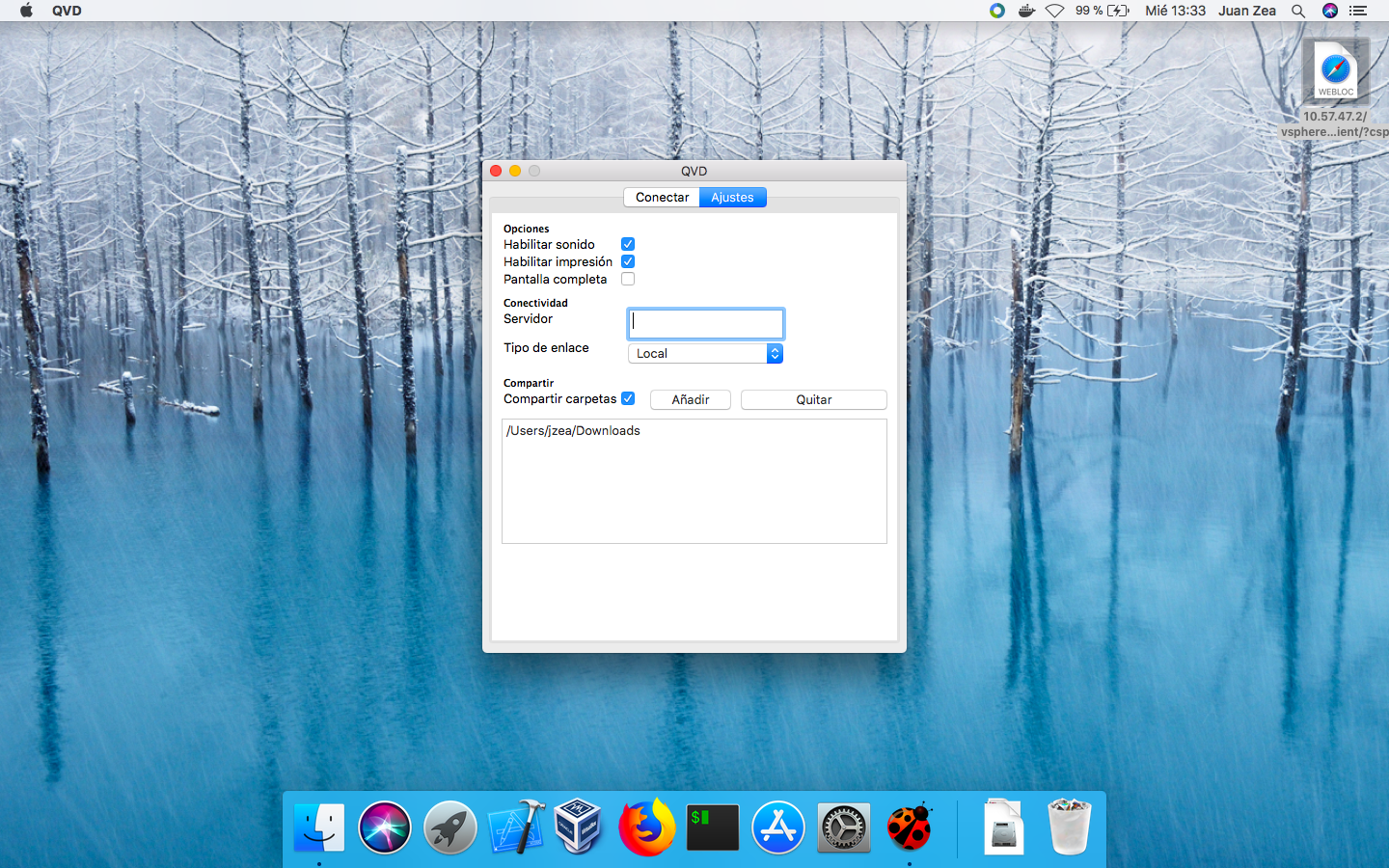 Pestaña Settings en el cliente de QVD para Mac OS