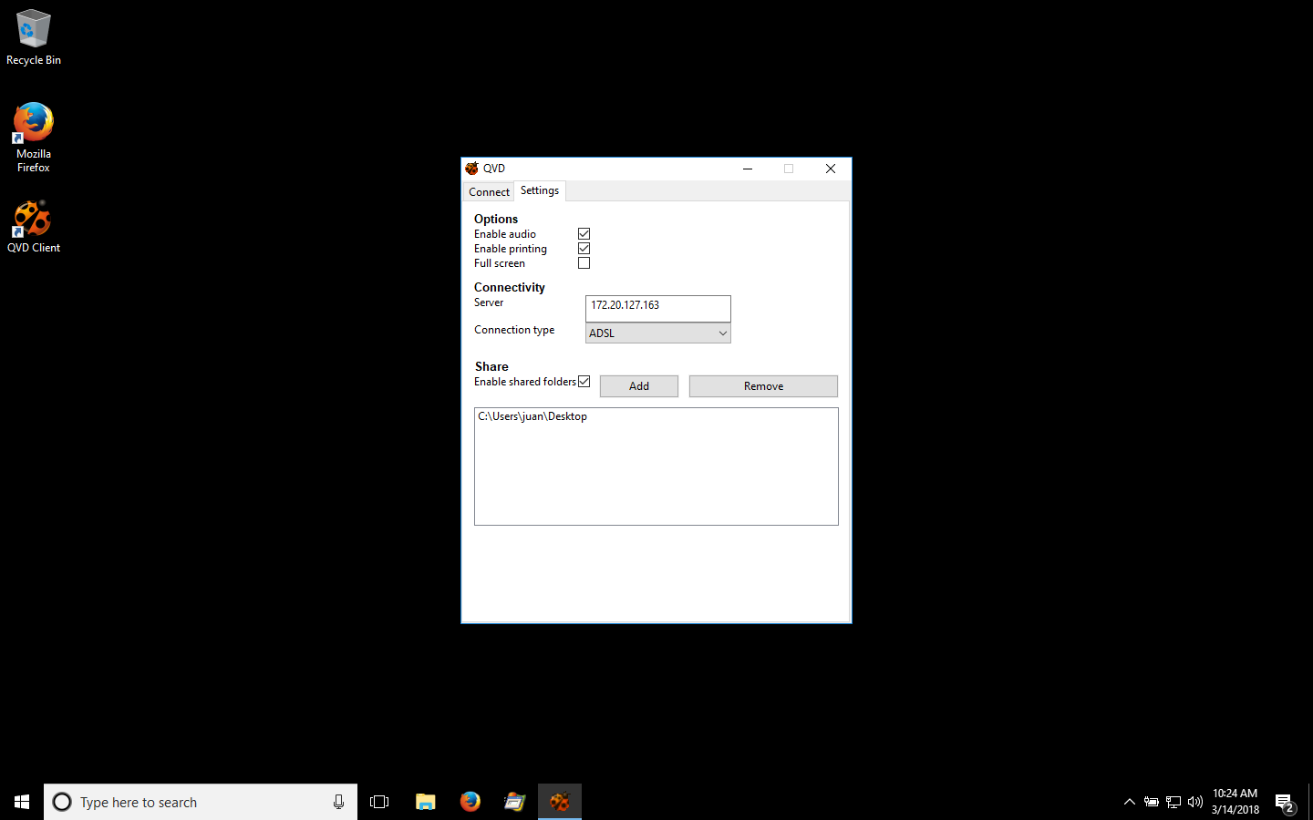 Pestaña Settings en el cliente de QVD para Windows
